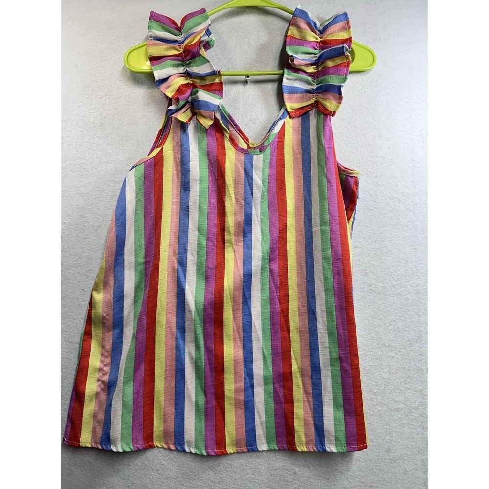 Entro Womens Multicolor Striped V-Neck Sleeveless Tank Top w/ Ruffle, Medium - Picture 6 of 8
